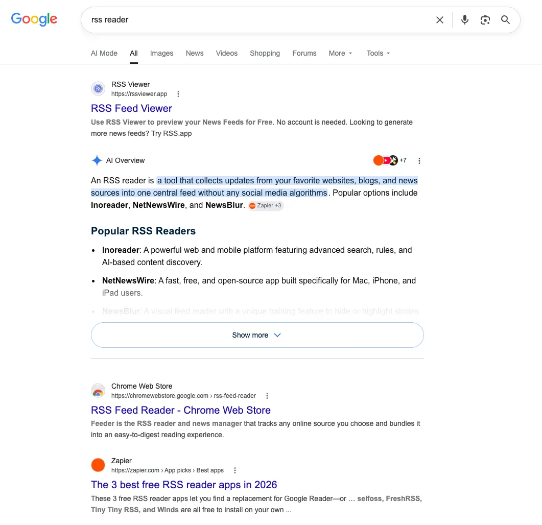 Google results for "RSS Reader"