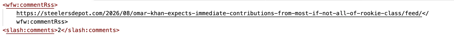 The Slash and Comments API in action, on the steelersdepot.com RSS feed